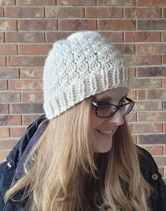 Woodland Cabin Chunky Knit Beanie Pattern in a solid white color