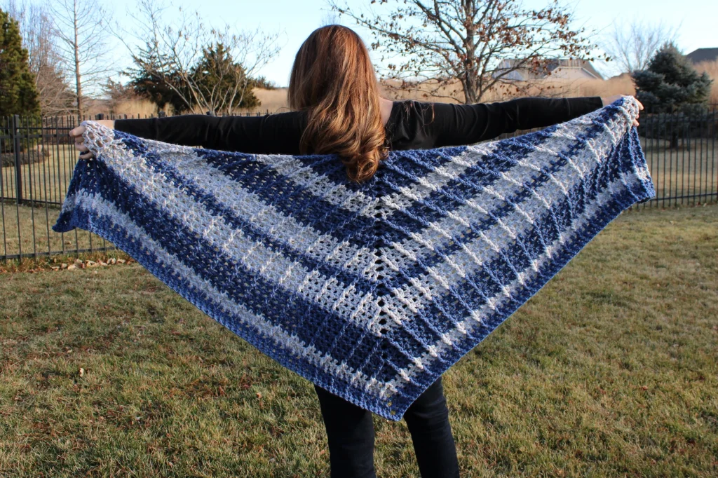 Woman wearing the Susana Shawl Crochet Pattern