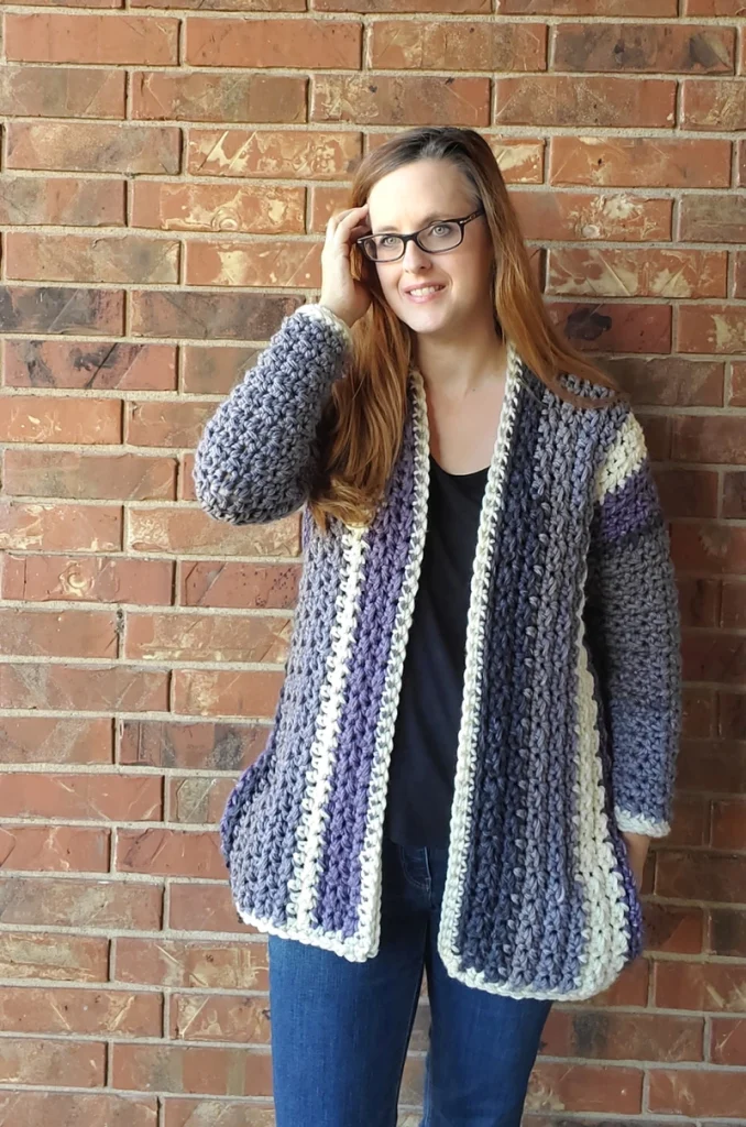 Easiest Crochet Cardigan Pattern made with one skein of Caron Anniversary Cake yarn in Pelican