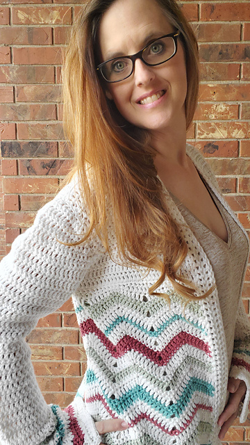 Side view of the ladies Comfy Chevron Cardigan Crochet Pattern