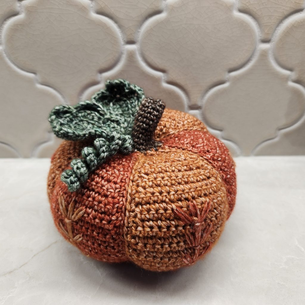 Fall decor crochet pumpkin with a rustic farmhouse vibe
