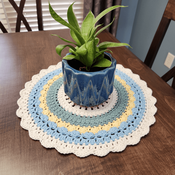 crochet placemat used as a potholder doily 
