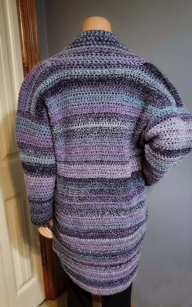 Back view of the bulky oversized crochet cardigan pattern