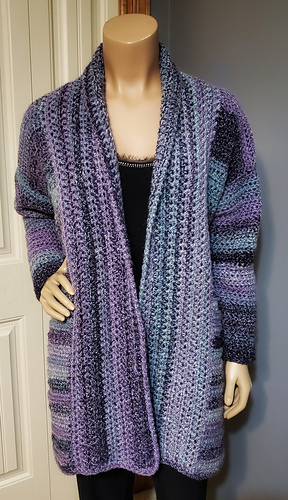 Front view of the bulky oversized crochet cardigan pattern