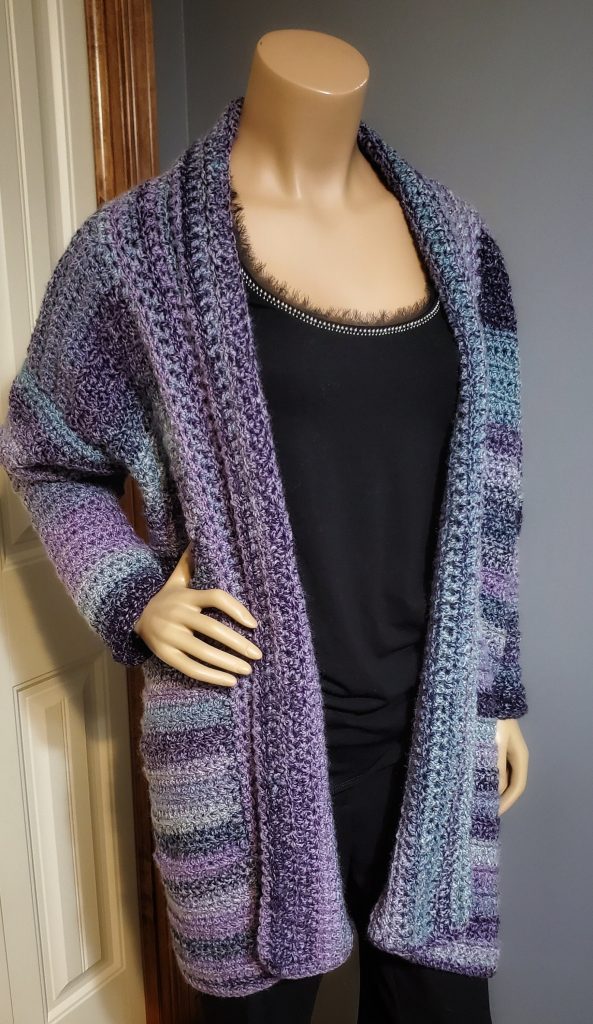 Side view of the bulky oversized crochet cardigan pattern